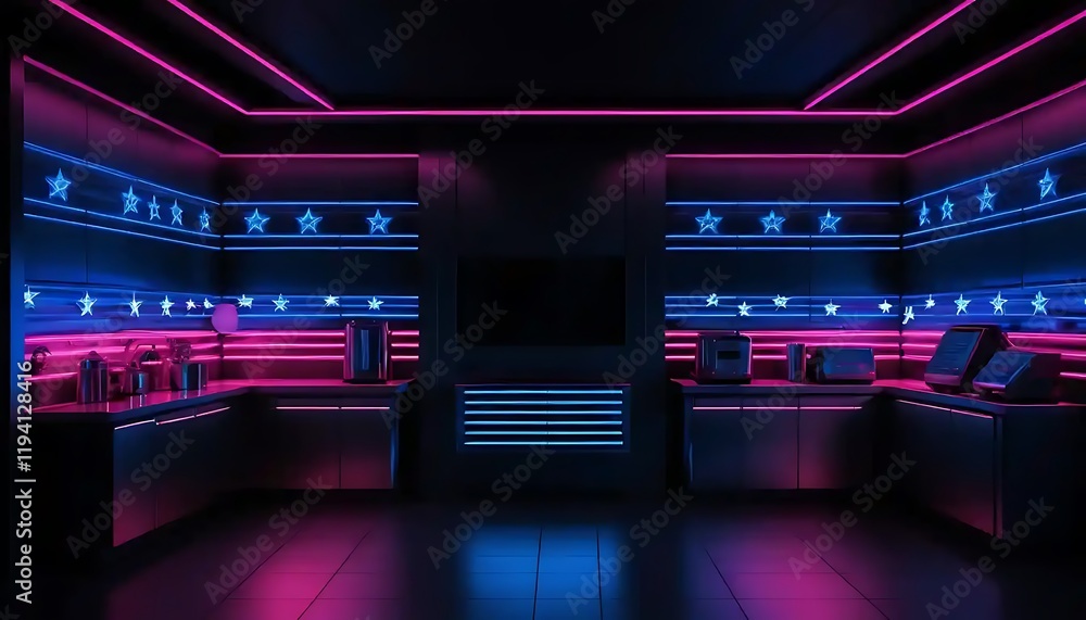 Fototapeta premium Neon Lit Retro Kitchen with Star Decor