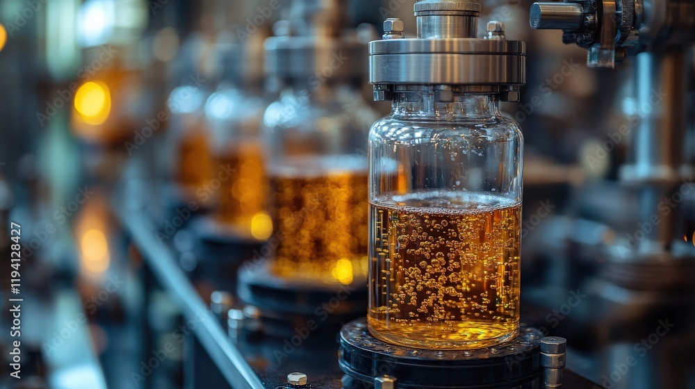 Glass jars filled with golden liquid inside a modern industrial setting showcasing bubbles and advanced production equipment in a factory environment Glass jars filled with golden liquid inside a modern industrial setting showcasing bubbles and advanced production equipment in a factory environment