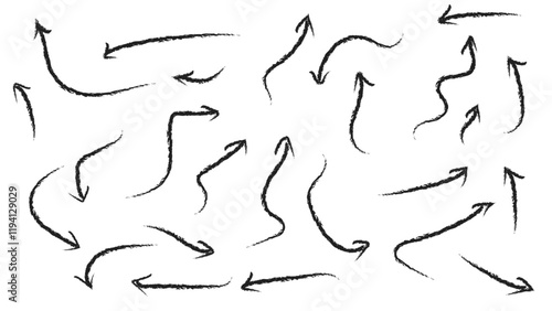 Set of black hand drawn grunge doodle spiral and curved charcoal, chalk arrows. Scribble symbols of direction pointers, swirl arrow elements for infographic design. Vector illustration