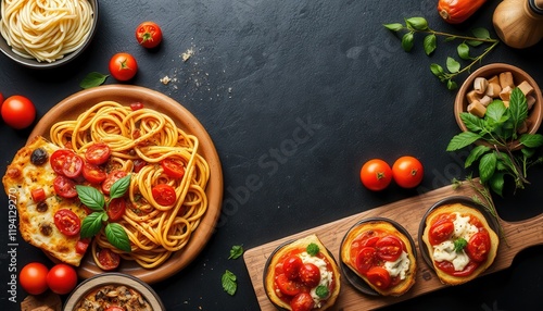 A rich and inviting Italian food background on a dark surface, featuring classic dishes like pasta, pizza, and bruschetta, beautifully arranged with fresh herbs and ingredients photo