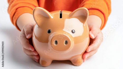 Child Hands Holding Piggy Bank for Saving Money Concept