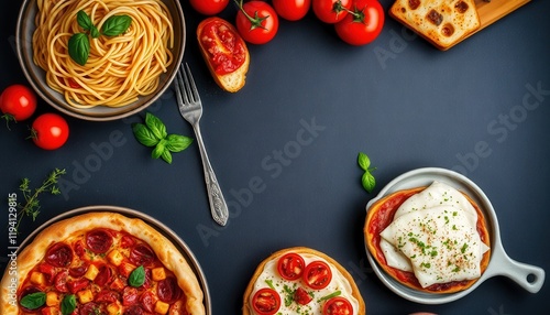 A rich and inviting Italian food background on a dark surface, featuring classic dishes like pasta, pizza, and bruschetta, beautifully arranged with fresh herbs and ingredients photo