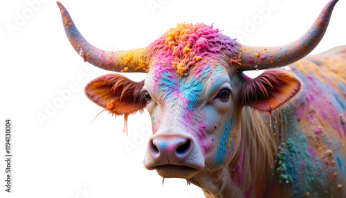 Close-up of a cow’s horns covered in vibrant Holi powders, where colorful splashes create an ethereal cloud-like effect in soft pastel gradients, combined with irregular bursts of color in the backgro