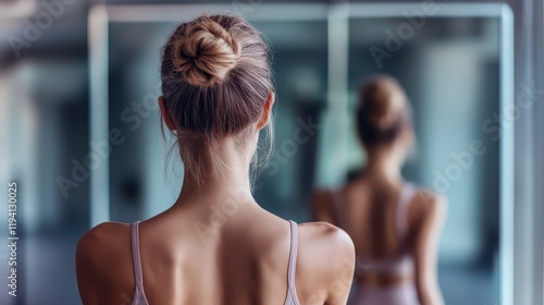 Professional ballerina in a studio, back view, adjusting her posture before a mirror, grace and dedication photo