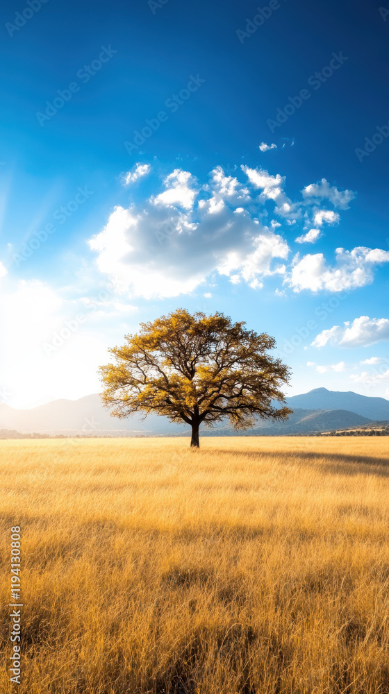 Fototapeta premium golden prairie with lone tree under blue sky