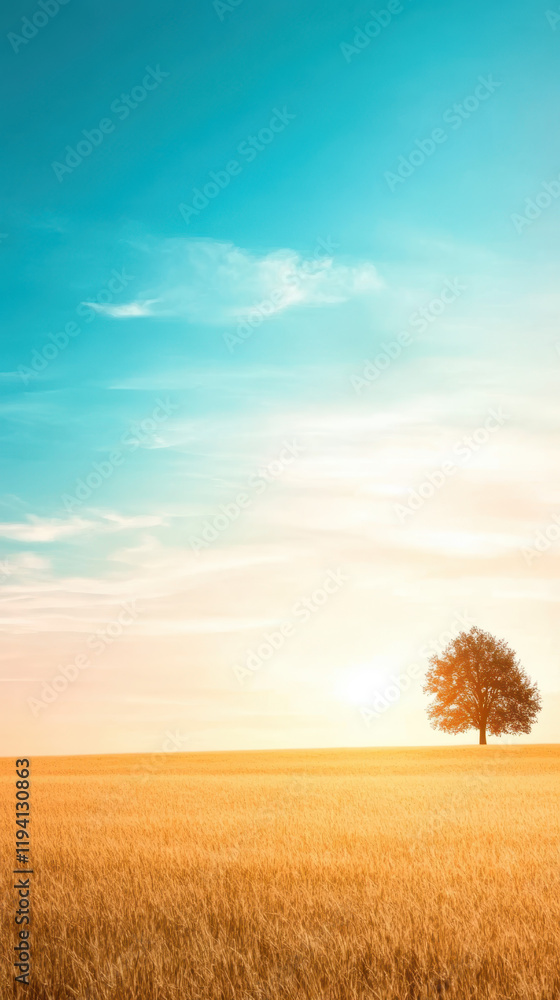 Fototapeta premium golden prairie under vast blue sky with lone tree