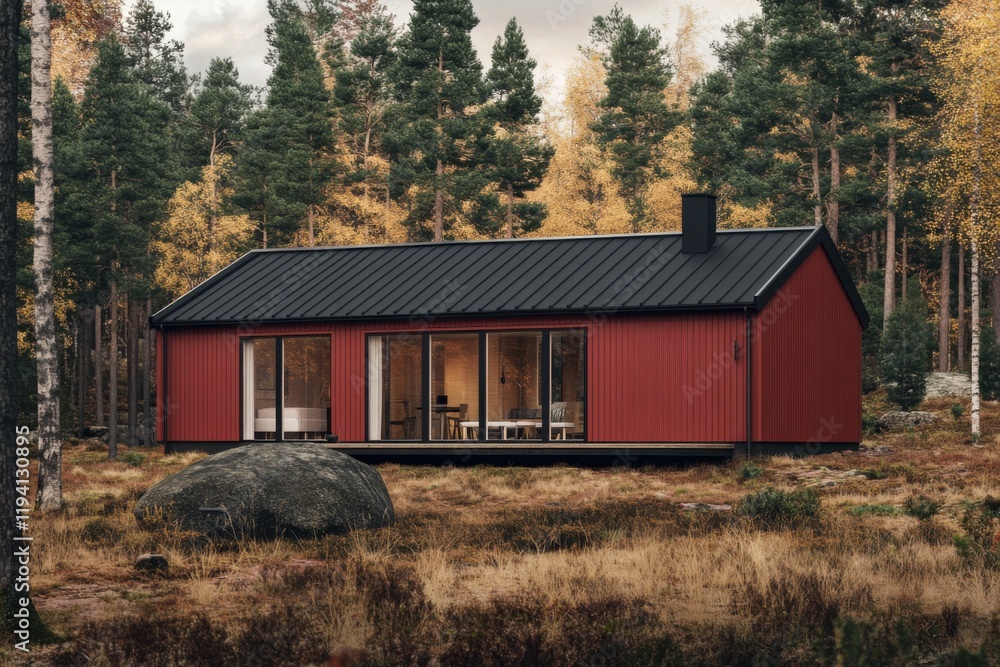 A contemporary red cabin nestled among towering trees and rugged rocks creates a tranquil atmosphere in the serene forest during the beautiful autumn season A contemporary red cabin nestled among towering trees and rugged rocks creates a tranquil atmosphere in the serene forest during the beautiful autumn season