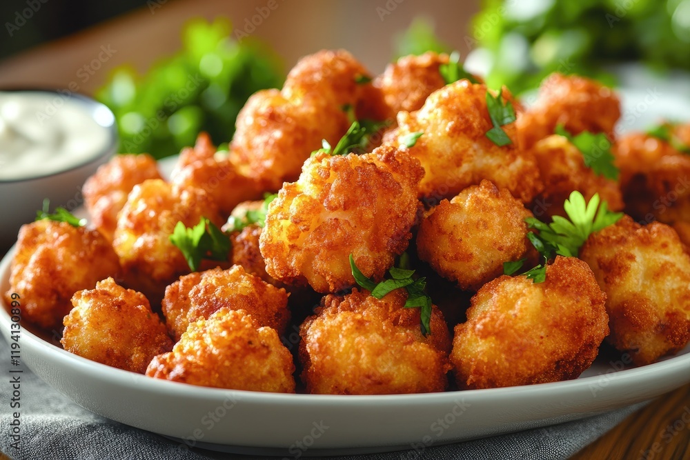 Breaded and fried cauliflower florets with fresh parsley and dipping sauce Breaded and fried cauliflower florets with fresh parsley and dipping sauce