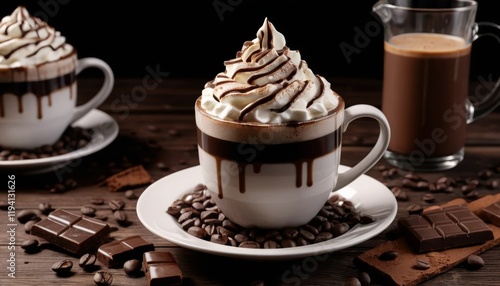 Indulge in a rich, decadent hot chocolate topped with whipped cream and chocolate drizzle, perfect for a cozy evening.