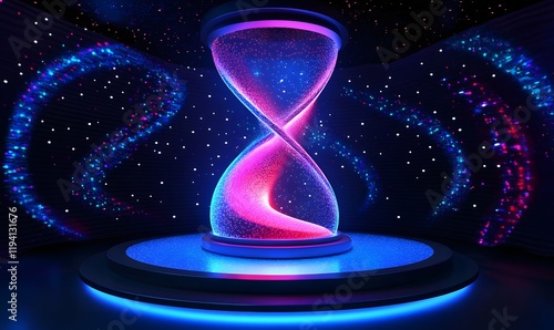 Futuristic hourglass with vibrant neon lights.