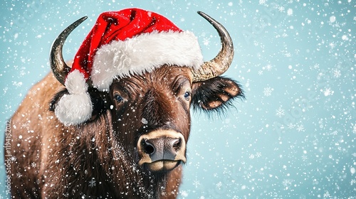 Bull in Santa Hat, Winter Snow photo