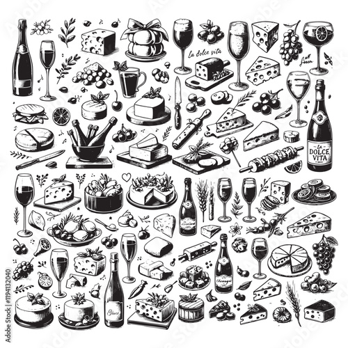 Chalk food illustrations, wedding dinner icons, wine or champagne glass, cheese, and charcuterie drawings for wedding invitations, cafe menus, and parties. La dolce vita italian sketch style.