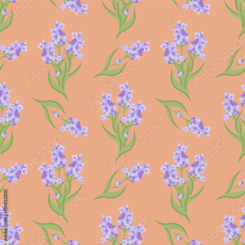 A sprig of lavender. Purple flower. Seamless pattern. Vector illustration.