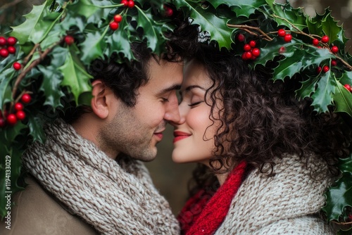 Couple sharing a kiss under mistletoe, half-body shot, close-up on their faces, romantic holiday moment, soft and warm lighting, intimate and joyful expression, photographic style photo