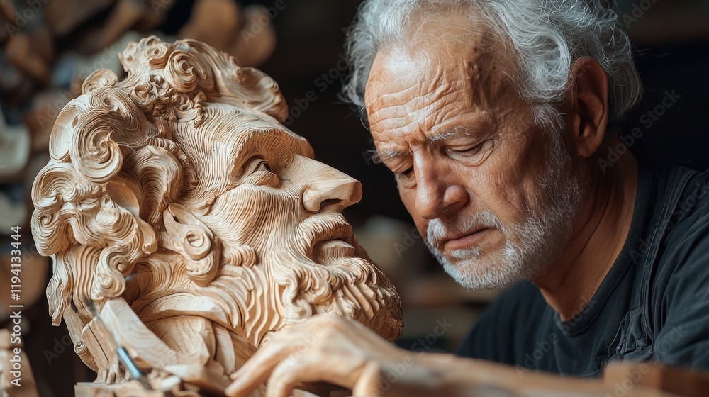 Sculptor man, making three-dimensional artwork sculpture made of wood Sculptor man, making three-dimensional artwork sculpture made of wood