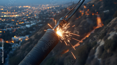 Cracked insulator on a powerline in Los Angeles hills sparking uncontrollably photo