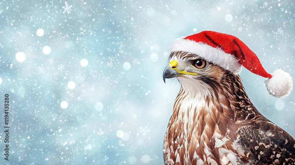 Hawk in Santa Hat, Winter Snow Hawk in Santa Hat, Winter Snow