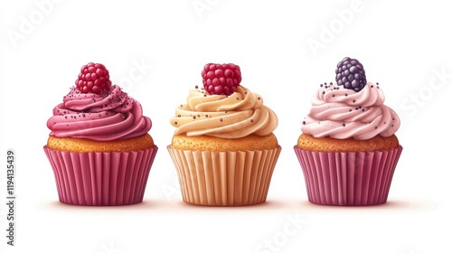 Colorful and Delicious Cupcakes with Raspberry and Blackberry Toppings on a White Background for a Sweet Treat or Dessert Inspiration photo