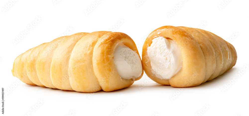 Front view of two puff pastry cream horns isolated on white background with clipping path Front view of two puff pastry cream horns isolated on white background with clipping path