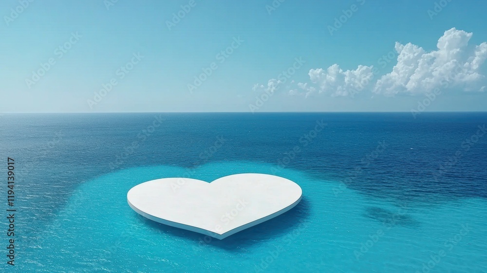 Fototapeta premium Valentine heart idyllic Love concept. Heart-shaped platform on tranquil blue ocean water under a clear sky.