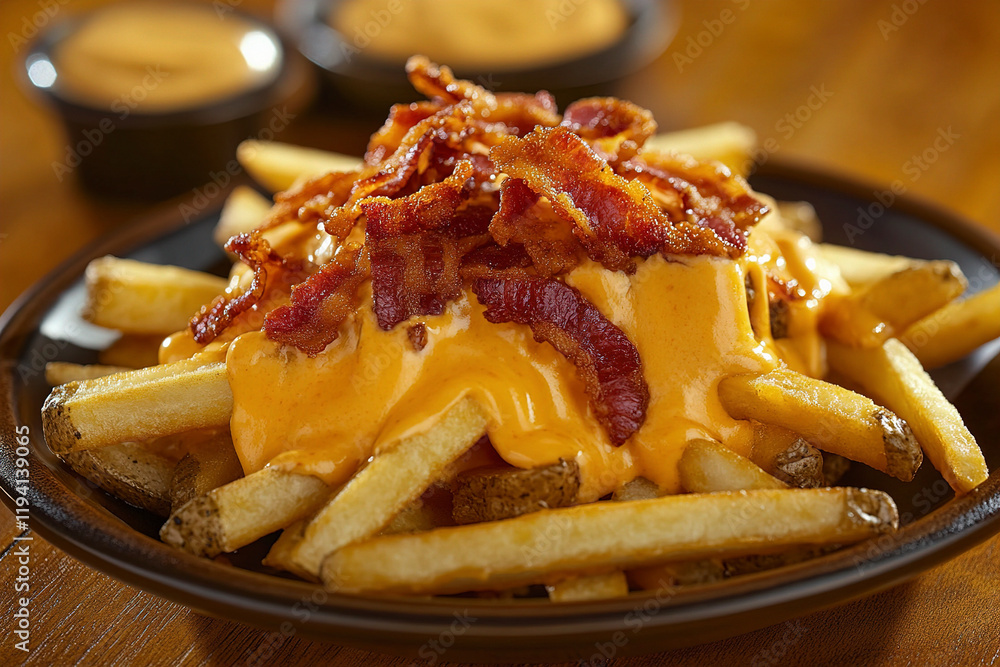 Fototapeta premium A ceramic plate of fries topped with cheese sauce and crispy bacon. (Generative AI)