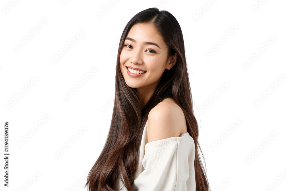 Portrait of a beautiful Asian woman smiling with long brunette hair, isolated on transparent background Portrait of a beautiful Asian woman smiling with long brunette hair, isolated on transparent background