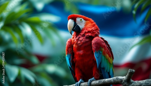 Scarlet Macaw Perched: Vibrant Tropical Bird in Lush Foliage photo