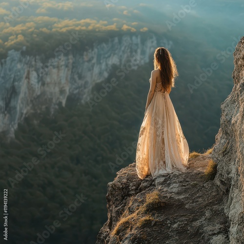 Woman in a flowing dress standing at the edge of a cliff above a valley, back view, breathtaking inspiration