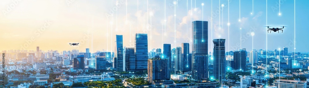 Obraz premium A futuristic cityscape featuring skyscrapers, drones, and digital elements, symbolizing advanced technology and urban development.