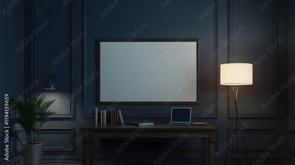 Fototapeta premium An elegant dark-toned workspace with soft lighting and stylish decor with copy space, 3d rendering