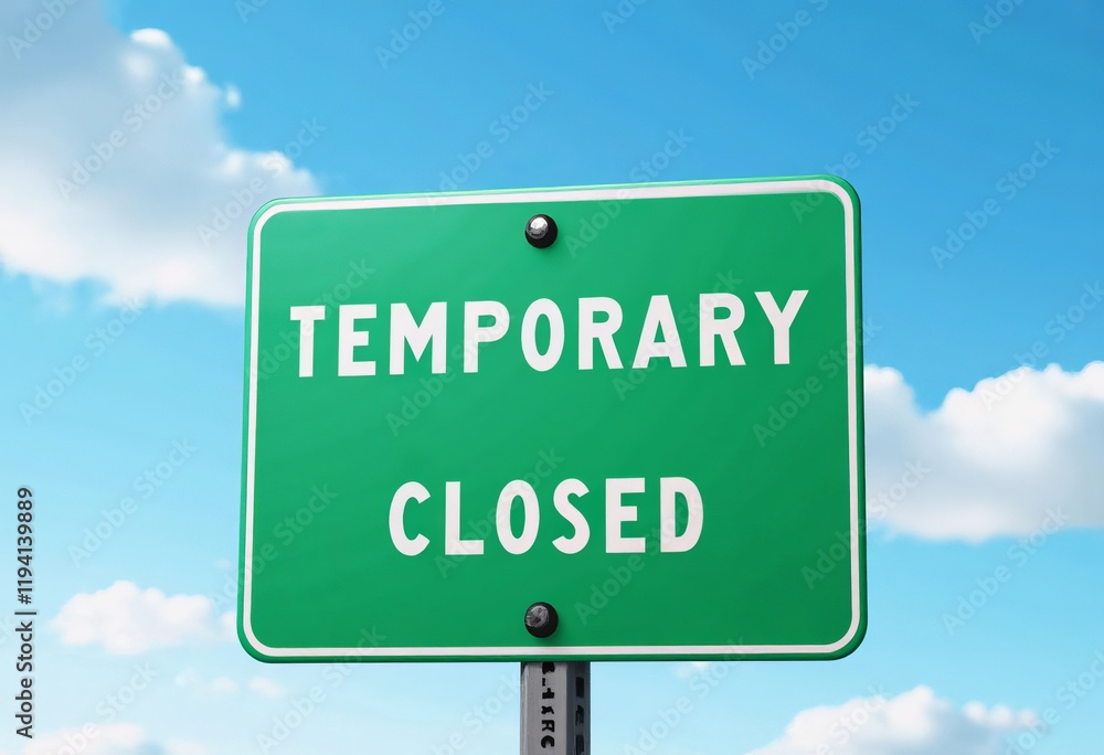 Green temporary closed sign against a blue sky with clouds Green temporary closed sign against a blue sky with clouds
