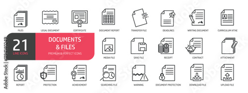 Set of line icons related to documents, contract, files, curriculum vitae. Outline icons collection. Editable stroke. Vector illustration.
