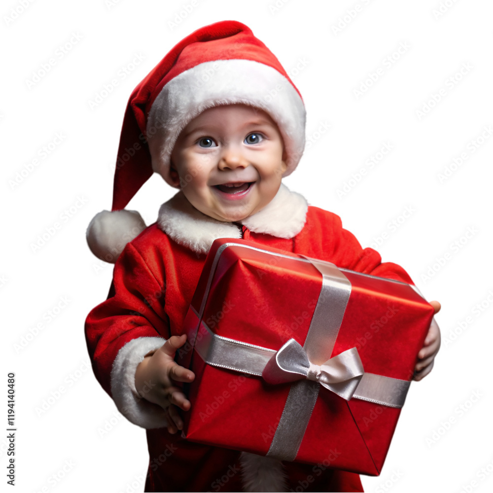 cute little boy in senta's dress holding red gift box with cute smile on white background cute little boy in senta's dress holding red gift box with cute smile on white background