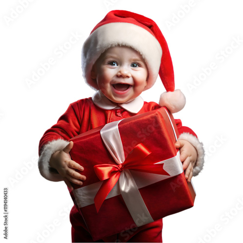 cute little boy in senta's dress holding red gift box with cute smile on white  background