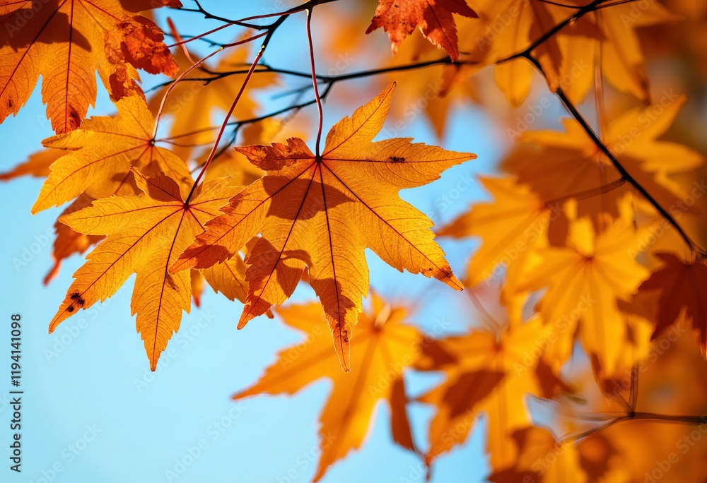 Orange fall leaves against a light blue sky Orange fall leaves against a light blue sky