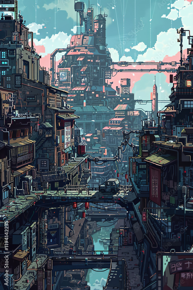 Explore a high-angle dystopian cityscape where maritime adventures unfold, using pixel art + unexpected camera angles to capture a unique perspective Explore a high-angle dystopian cityscape where maritime adventures unfold, using pixel art + unexpected camera angles to capture a unique perspective