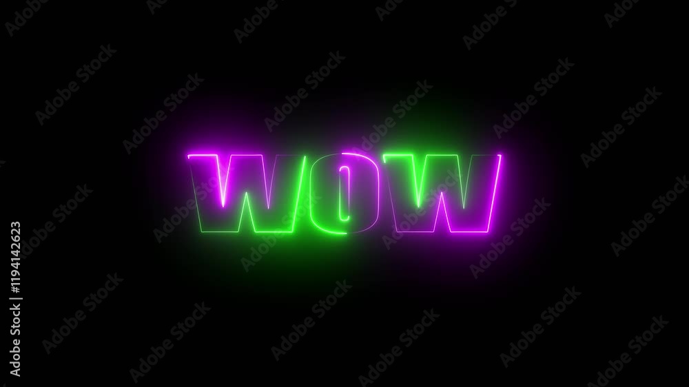 Wow neon sign animation. Glowing neon lines wow text animation on signboard concept design background element sign symbol art graphic style green and purple color icon. Wow neon sign animation. Glowing neon lines wow text animation on signboard concept design background element sign symbol art graphic style green and purple color icon.