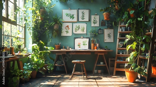 An inspiring studio space with walls adorned with botanical illustrations, surrounded by vibrant greenery in ceramic pots, a wooden desk with scattered art supplies, soft natural lighting, photo