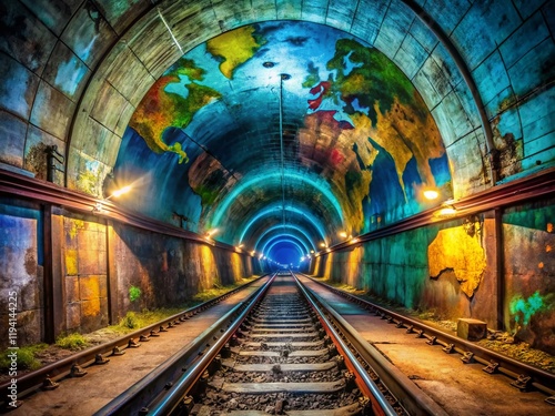 Abandoned Spanish Metro Tunnel: 3D Mollweide Projection of Continents photo