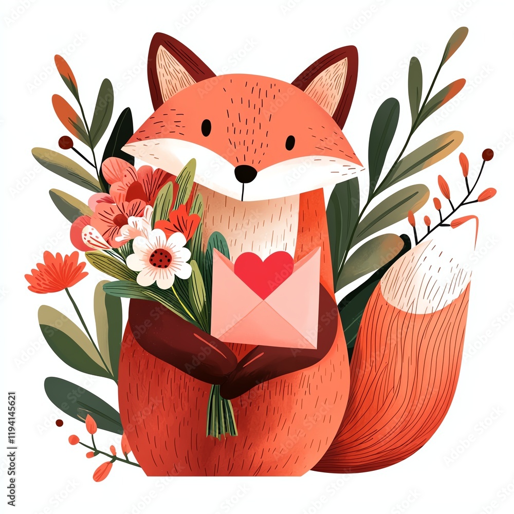 Obraz premium A whimsical fox holds a bouquet of flowers and a heart envelope, surrounded by vibrant foliage, symbolizing love and friendship.