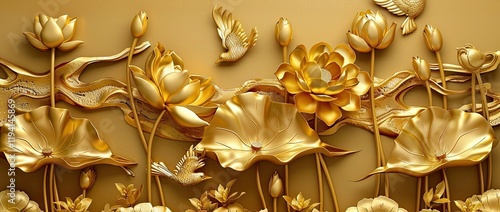3d abstract background wall relief golden color lotus flowers