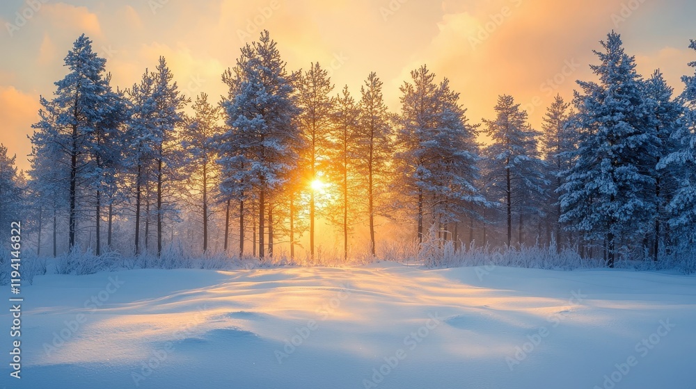Fototapeta premium Pine trees covered with snow on frosty evening, beautiful winter landscape panorama