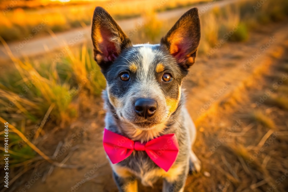 Adorable Australian Cattle Dog Puppy with Pink Bow, Drone Aerial View, Farm Ranch Adorable Australian Cattle Dog Puppy with Pink Bow, Drone Aerial View, Farm Ranch