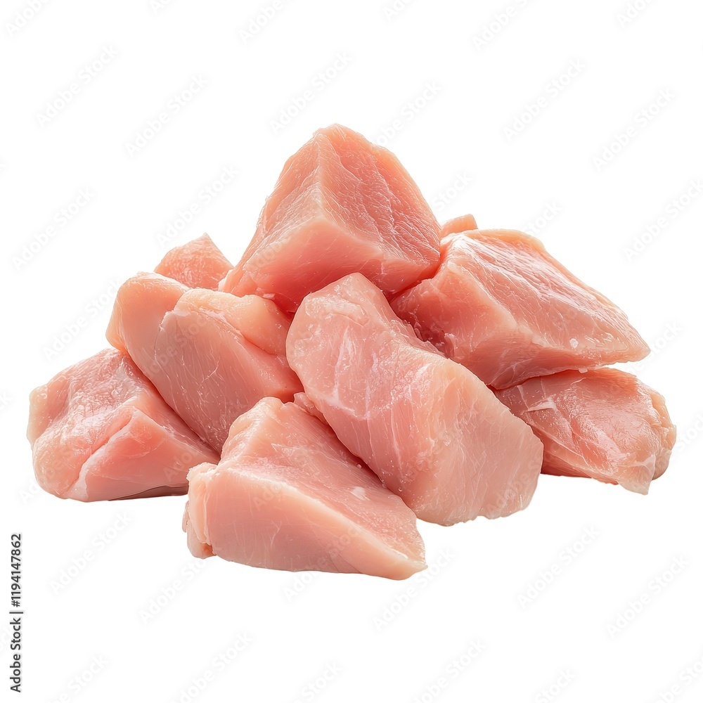 Raw Chicken Breast Cubes Ready for Cooking, Isolated on White Background Cutout Raw Chicken Breast Cubes Ready for Cooking, Isolated on White Background Cutout