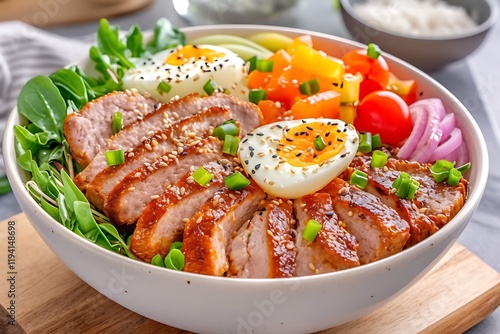 Delicious Teriyaki Pork Bowl with Vegetables and Eggs photo