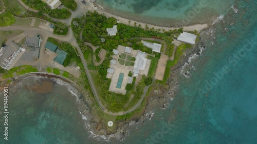 Aerial Top Panning Shot Of Swimming Pool Outside Luxurious House On Small Private Island - VI, 
Little Saint James, United States of America