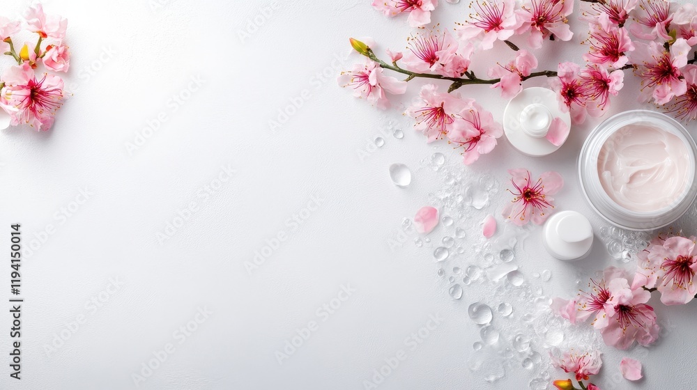 Vibrant Gentle Skincare Products Arranged with Cherry Blossoms Vibrant Gentle Skincare Products Arranged with Cherry Blossoms
