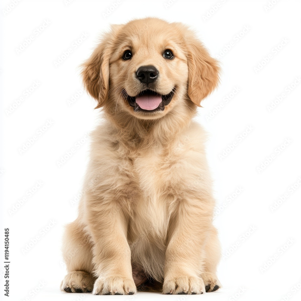 Cute Golden Retriever Puppy Sitting and Smiling on White Background Cute Golden Retriever Puppy Sitting and Smiling on White Background