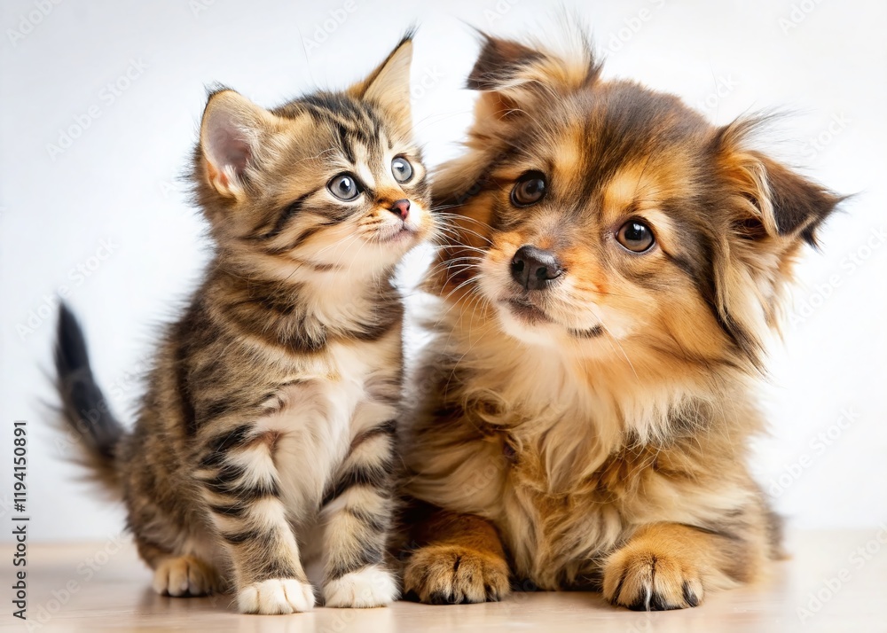 Fototapeta premium Adorable Puppy Kisses Kitten, White Background Stock Photo