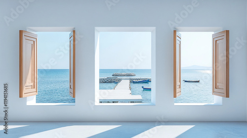 empty interior Greek coastal style with smooth white stucco walls, opend wood shutters , featuring three large square windows. The center window frames a small pier with fishing boats photo